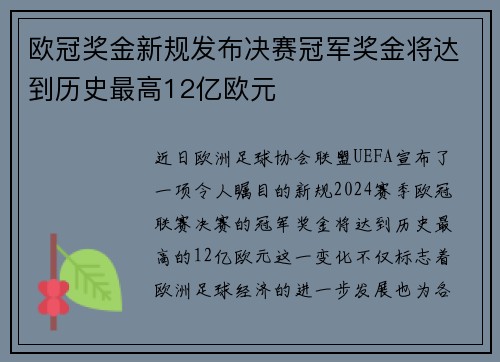 欧冠奖金新规发布决赛冠军奖金将达到历史最高12亿欧元