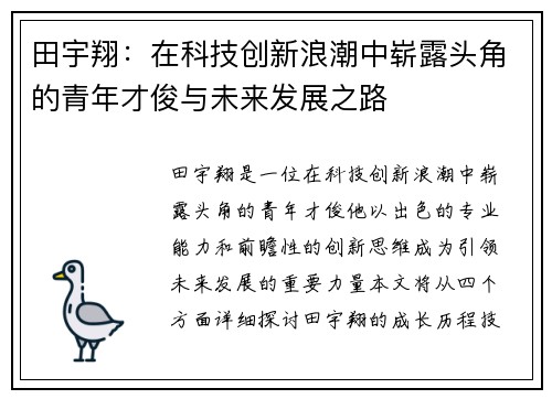 田宇翔：在科技创新浪潮中崭露头角的青年才俊与未来发展之路